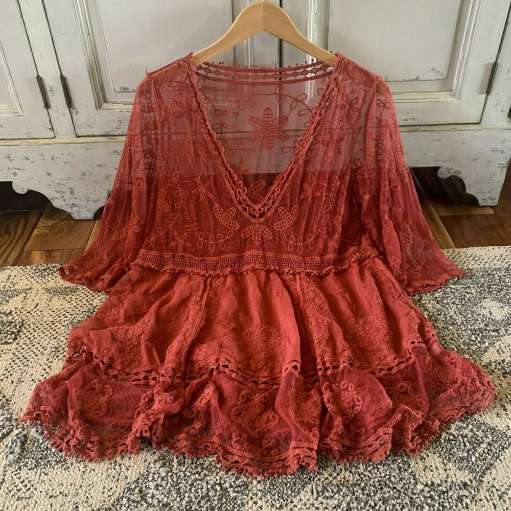 New Red Lace Crochet Boho Folk Tunic Blouse Top Cover-Up Womens - Picture 3 of 9